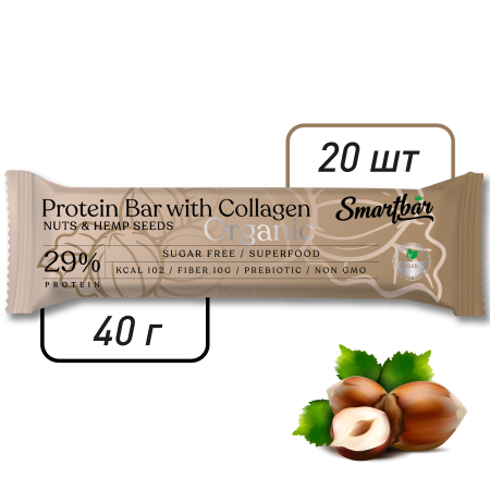 Батончик протеиновый Smartbar Protein ORGANIC "Орех и конопля", 20 шт. х 40 г.